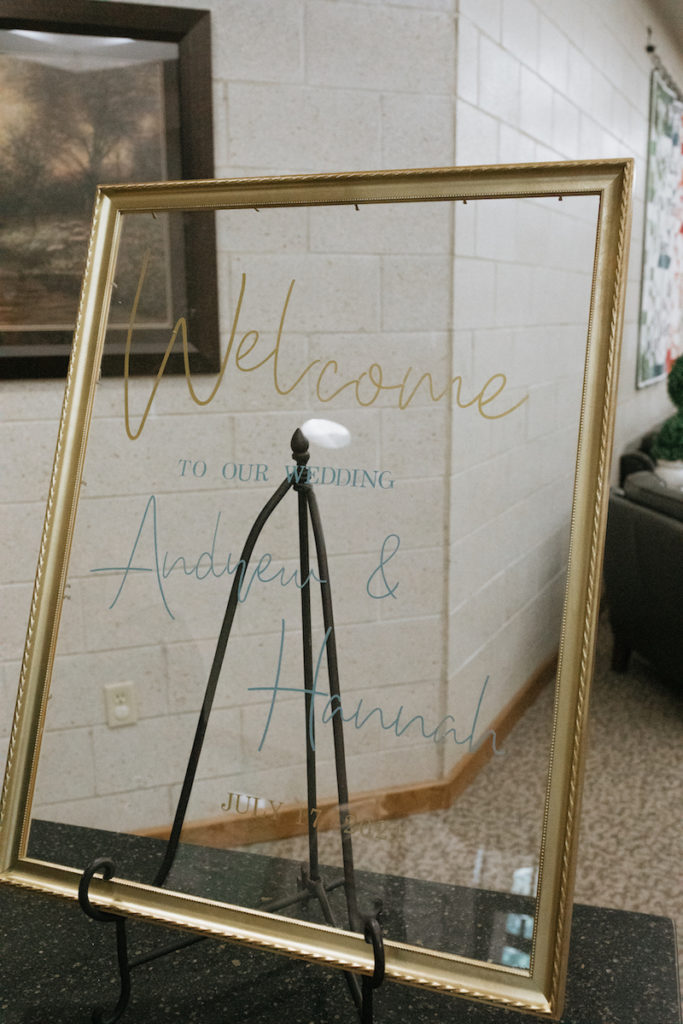 Custom welcome wedding sign with a gold frame. 